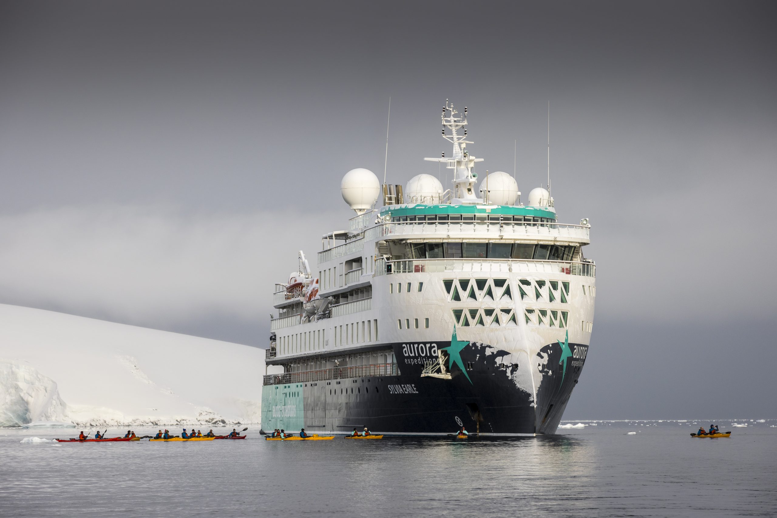 MV Sylvia Earle & kayakers, Port Lockroy, Goudier Island, Antarctica, Richard I’Anson